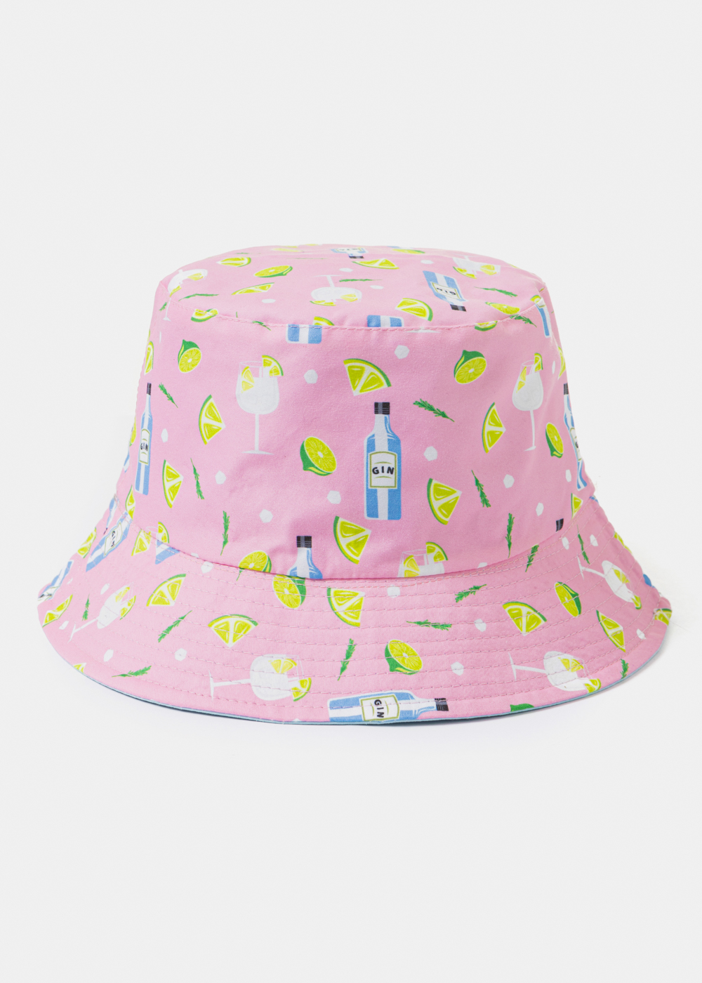 Double-Faced Bucket Hat Drinks Pattern & Light Blue